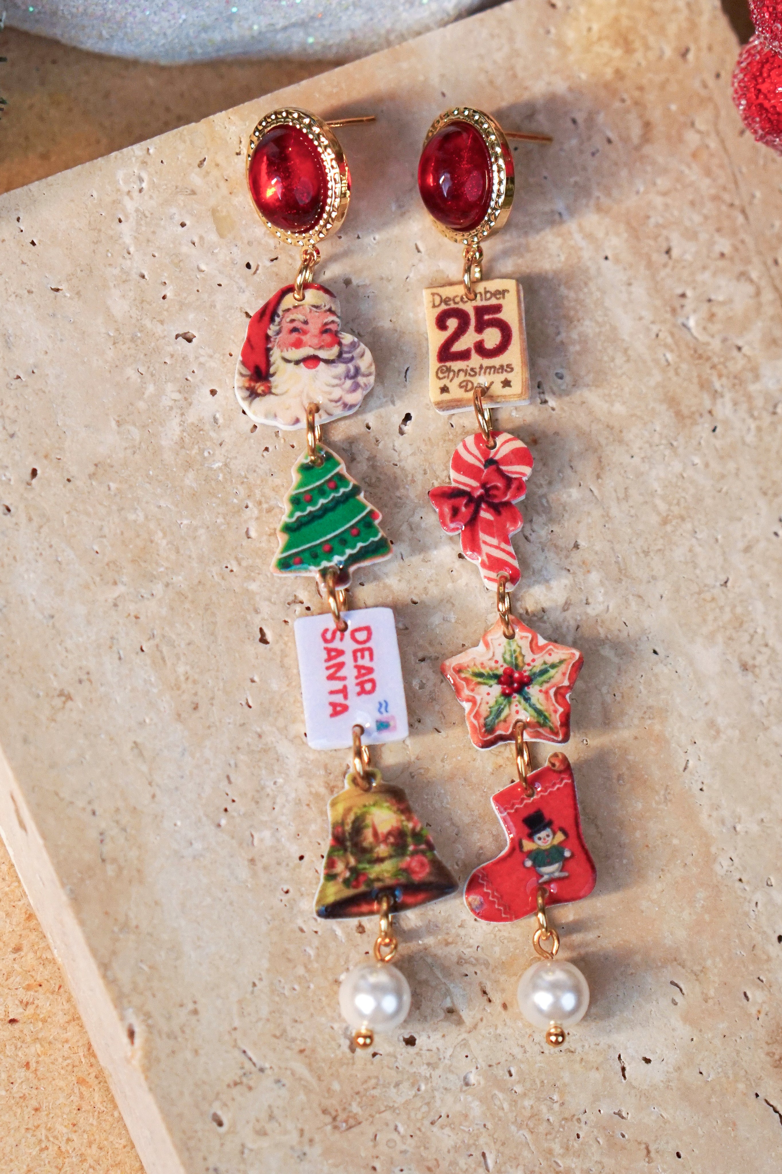 Asymmetric Christmas Charm Drop Earrings – Festive Holiday Edition