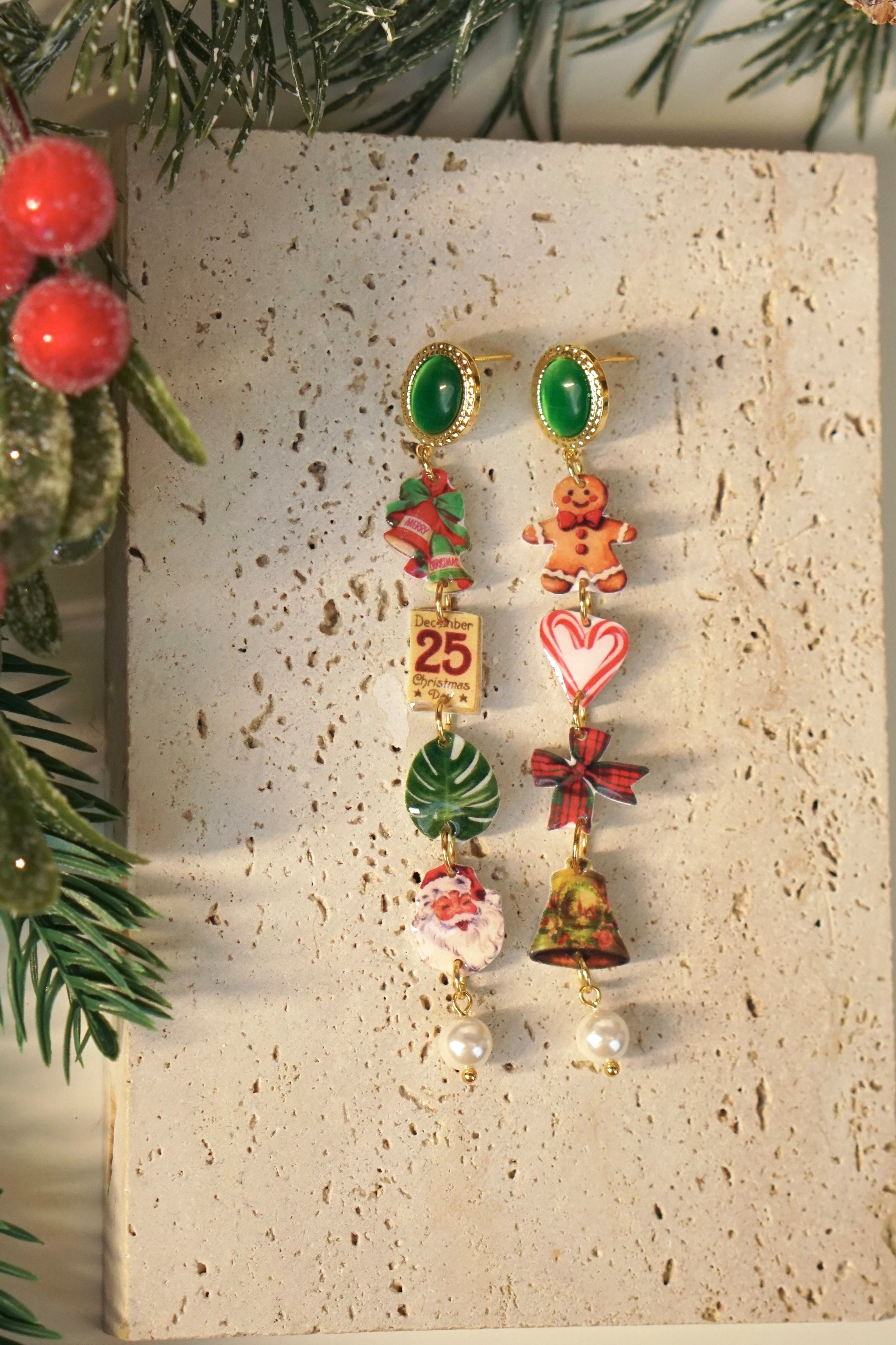 Asymmetric Christmas Charm Drop Earrings – Green Gem Edition