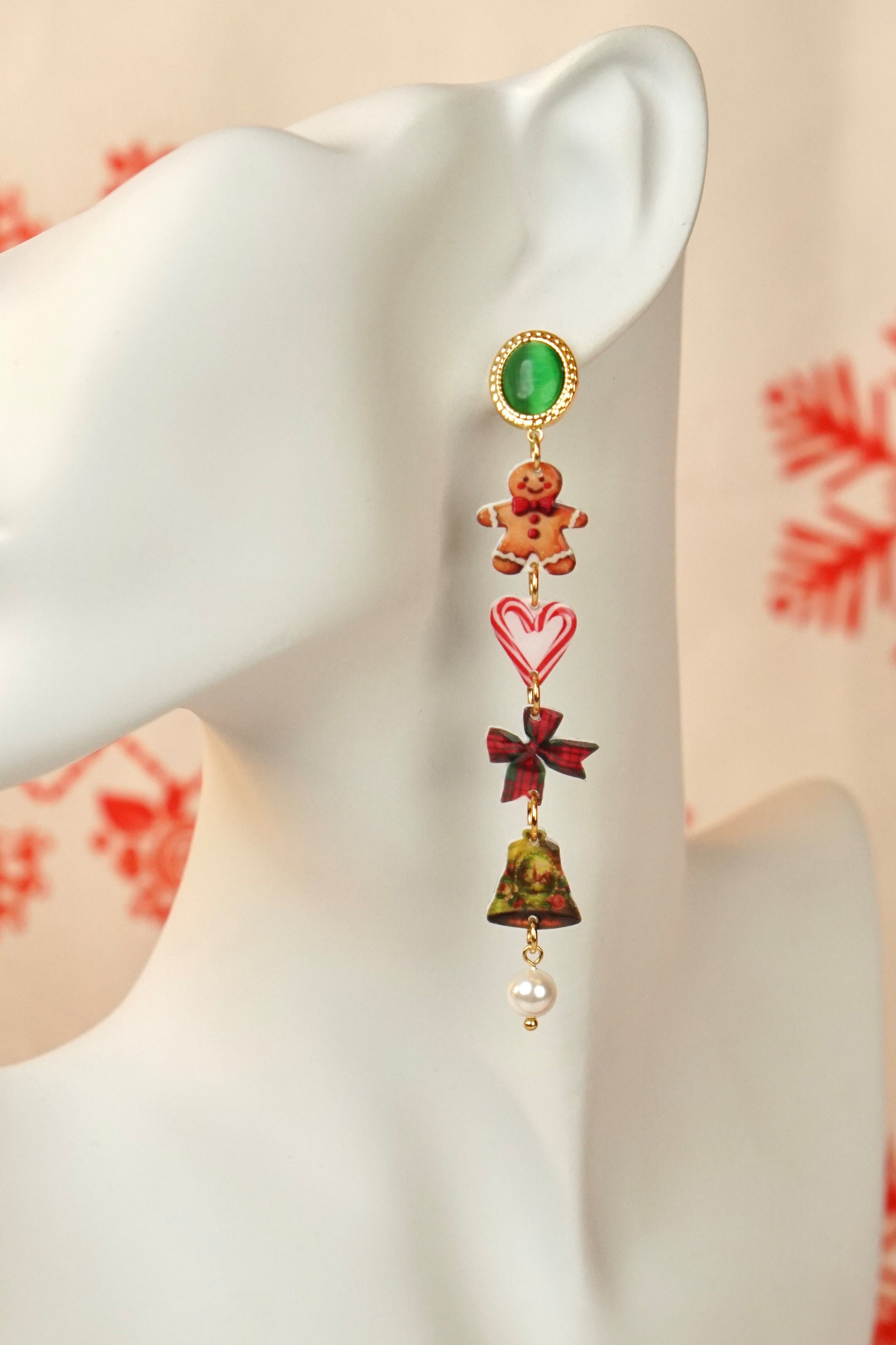Asymmetric Christmas Charm Drop Earrings – Green Gem Edition