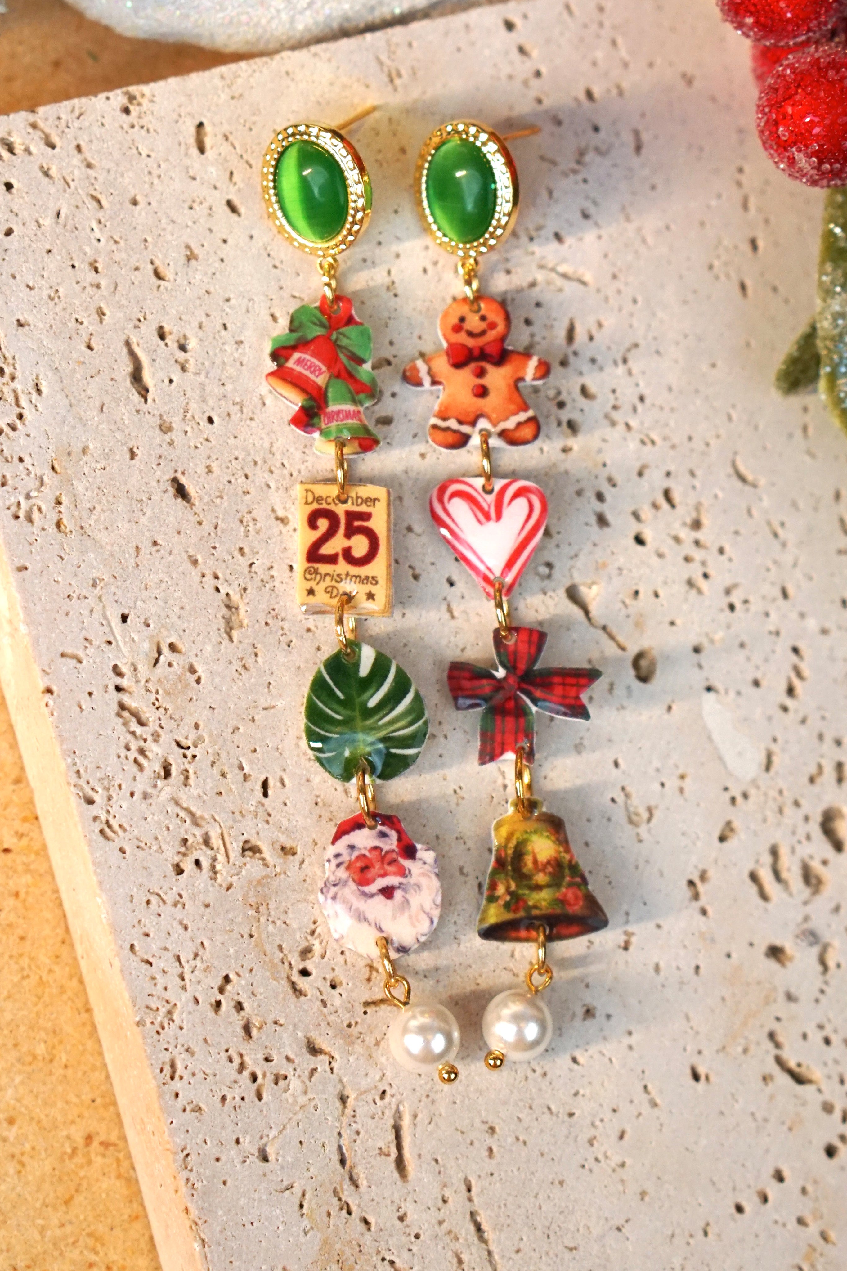 Asymmetric Christmas Charm Drop Earrings – Green Gem Edition